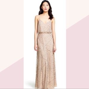 Adrianna Papel beaded blush floor length gown